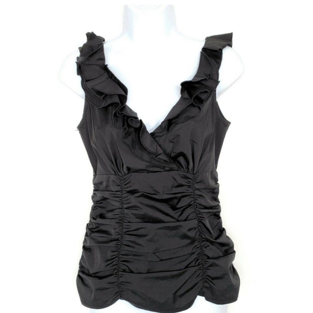 Nanette Lepore Escape Black Ruched Ruffle V-Neck Sleeveless Top size 2